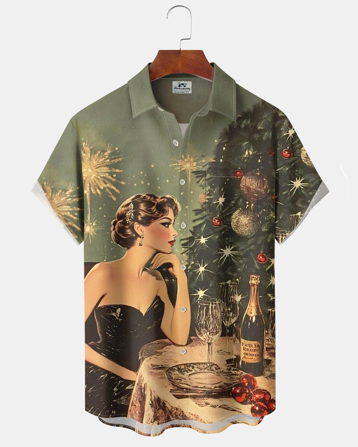 Alohadaddy® Christmas Vintage Christmas Girl Print Pocket Elastic Button Men&