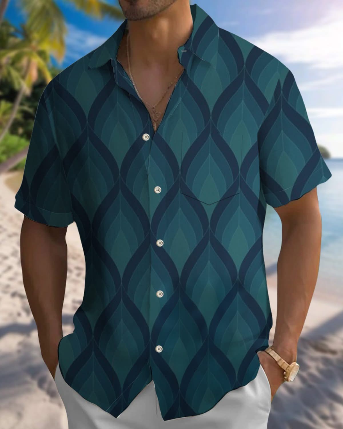 Alohadaddy® Retro Geometric Print Pocket Elastic Button Men's Short Sleeve Shirt Big & Tall