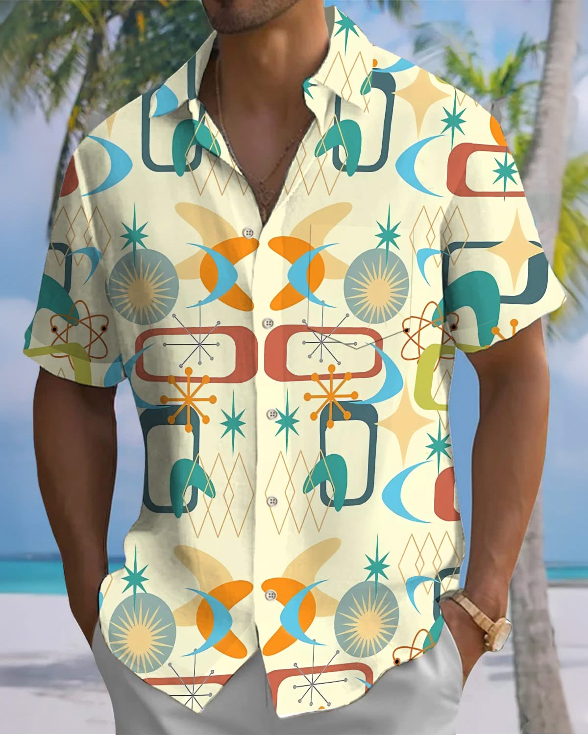Alohadaddy® Retro Geometric Atom Print Pocket Button Men's Short Sleeve Shirt Big & Tall
