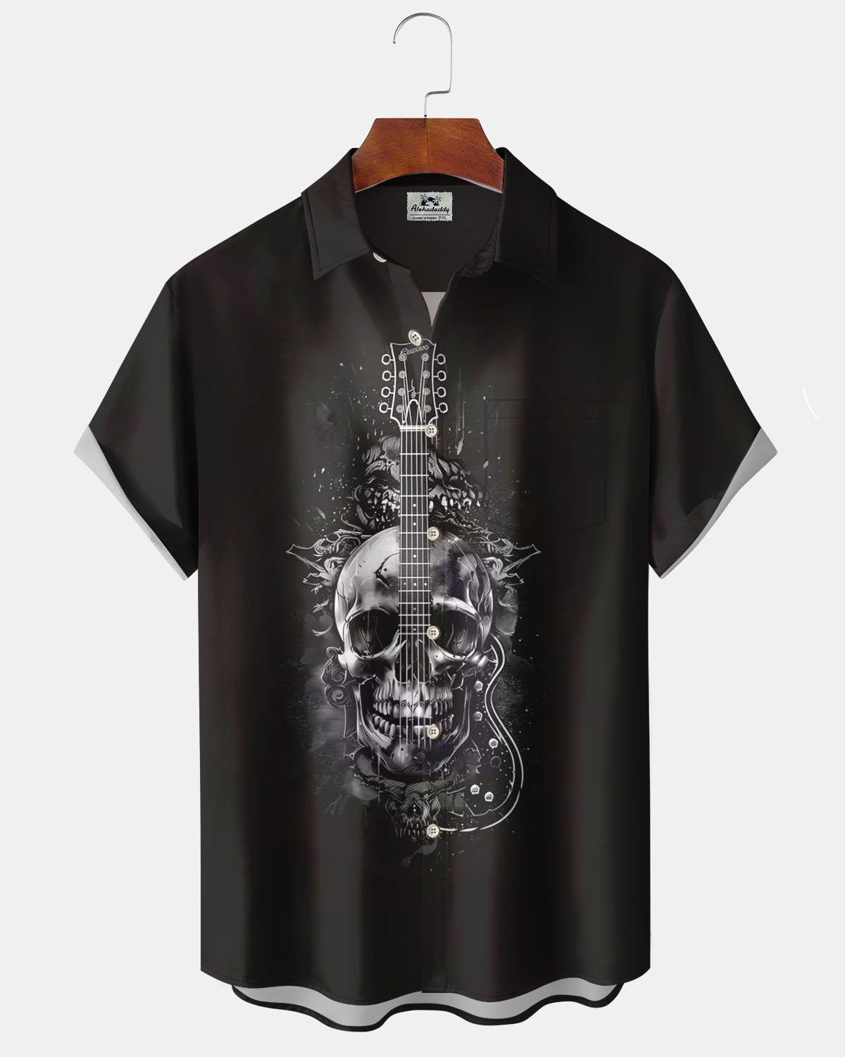 Alohadaddy® Vintage Skull Guitar Print Art Pocket Stretch Men's Short-Sleeve Shirt Big & Tall