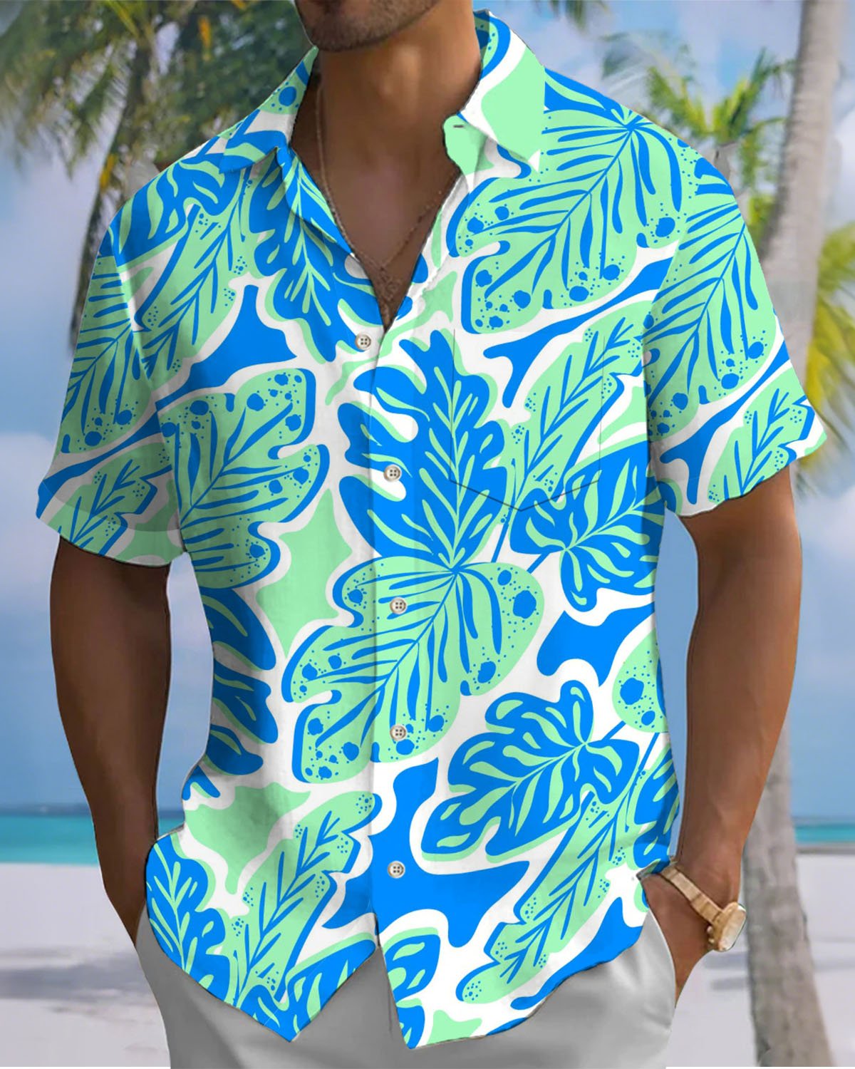 Alohadaddy® Casual Leaf Print Artistic Button Pocket Cardigan Men's Short Sleeve Shirt Big & Tall