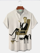 Alohadaddy® Retro 1950s Mid-century Atomic Age Geometric Man Cat Graphic Print Men's Button Pocket Short Sleeve Shirt Big & Tall