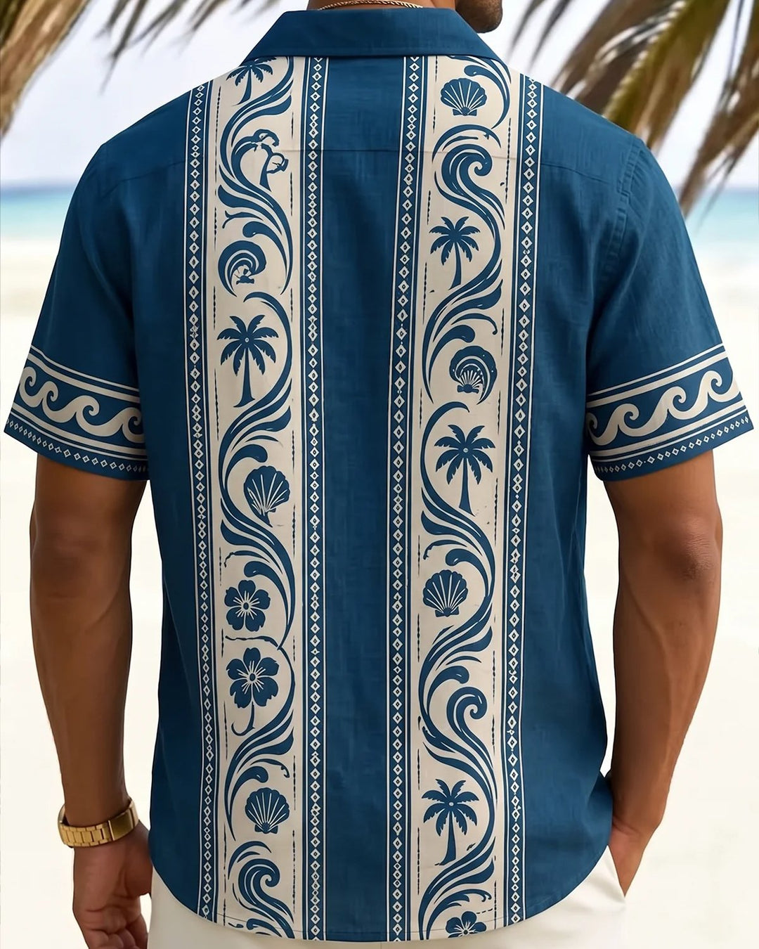 Alohadaddy® Casual Botanical Palm Tree Wave and Seashell Print Men&