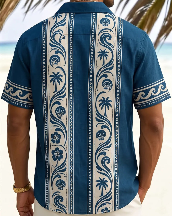 Alohadaddy® Casual Botanical Palm Tree Wave and Seashell Print Men&