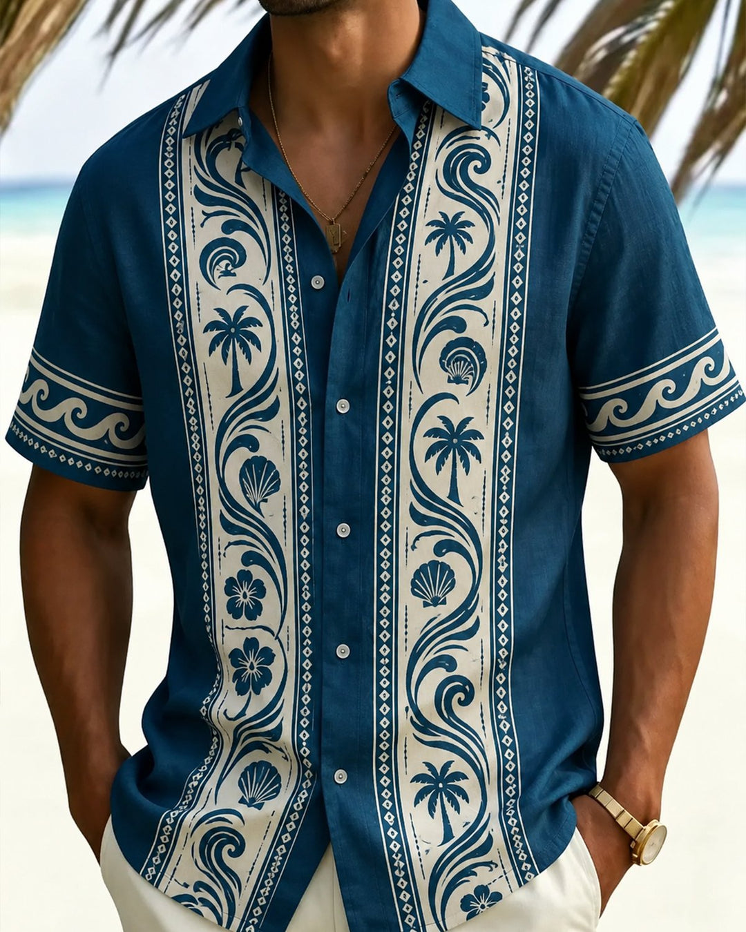 Alohadaddy® Casual Botanical Palm Tree Wave and Seashell Print Men&