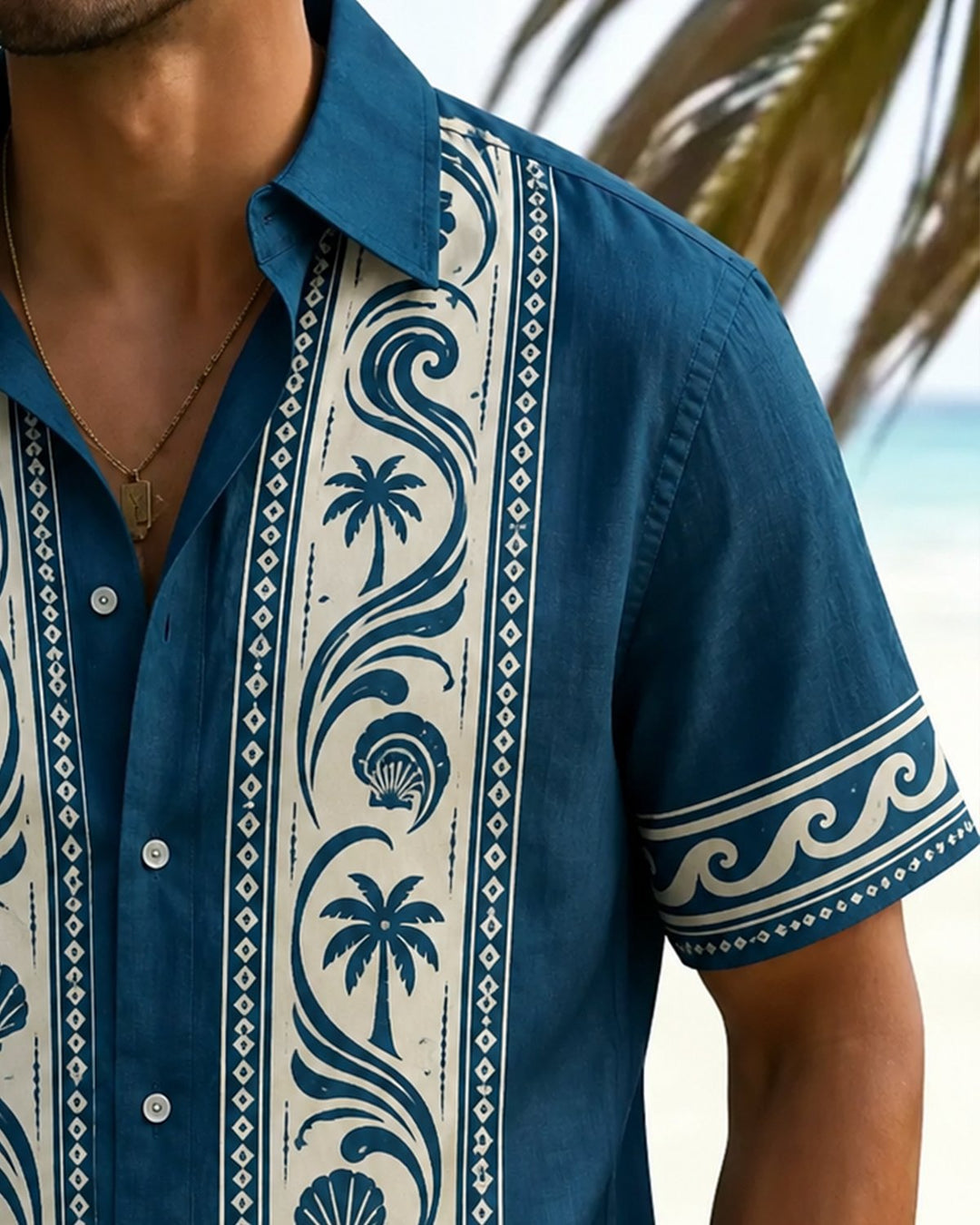 Alohadaddy® Casual Botanical Palm Tree Wave and Seashell Print Men&