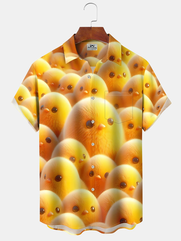 Alohadaddy Hawaiian Casual Yellow Chicken Button Cardigan Pocket Stretch Large Size Polyester Short Sleeve Shirt