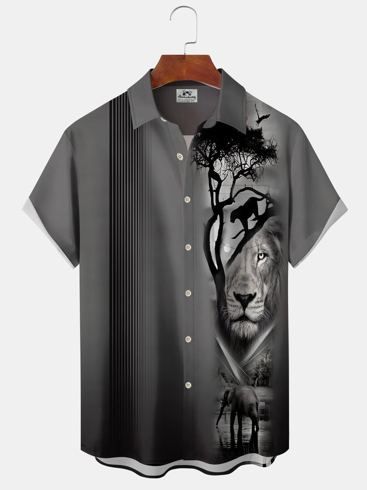 Alohadaddy Casual Stripes Lion Art Print Button Cardigan Pockets Stretch Oversized Short Sleeve Shirt