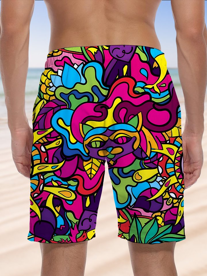 Alohadaddy Hawaiian Colorful Graffiti Print Art Elastic Waist Stretch Large Size Long Men&
