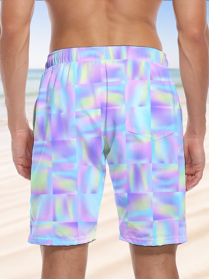 Alohadaddy Hawaiian Geometric Squares Print Art Elastic Waist Drawstring Pockets Stretch Large Size Men&