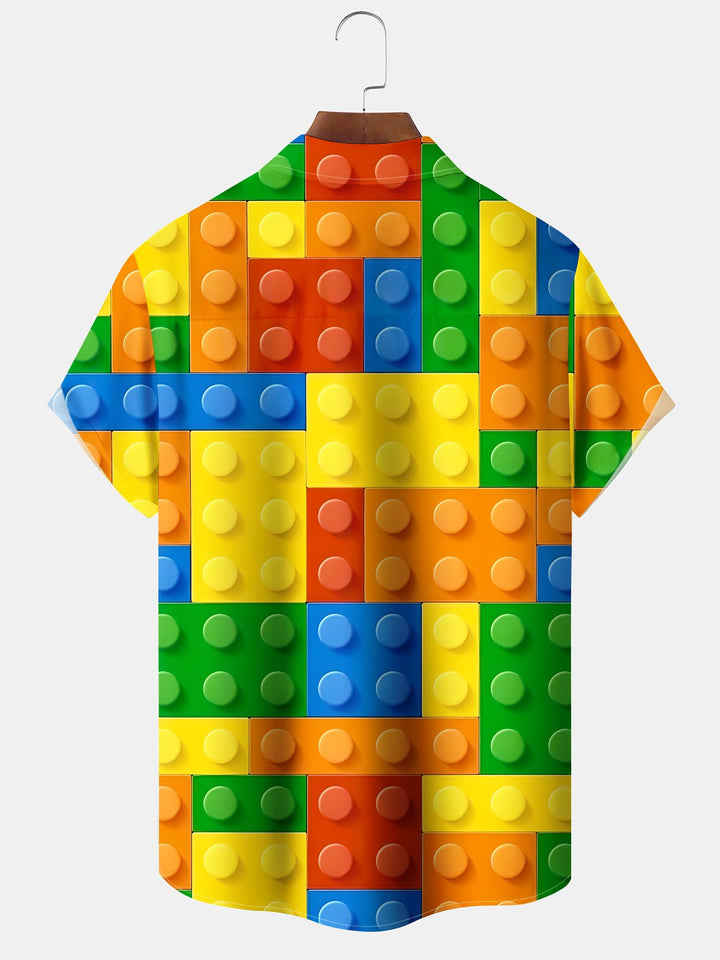 Alohadaddy Casual Lego Geometric Drawing Art Button Cardigan Pocket Stretch Large Size Long Short Sleeve Shirt