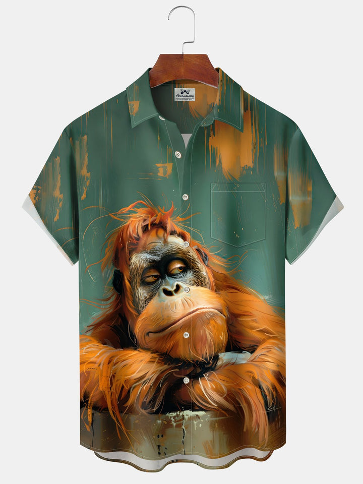 Alohadaddy Casual Retro Oil Painting Orangutan Ink Splash Print Art Button Cardigan Pocket Elasticity Long Large Size Short Sleeve Shirt