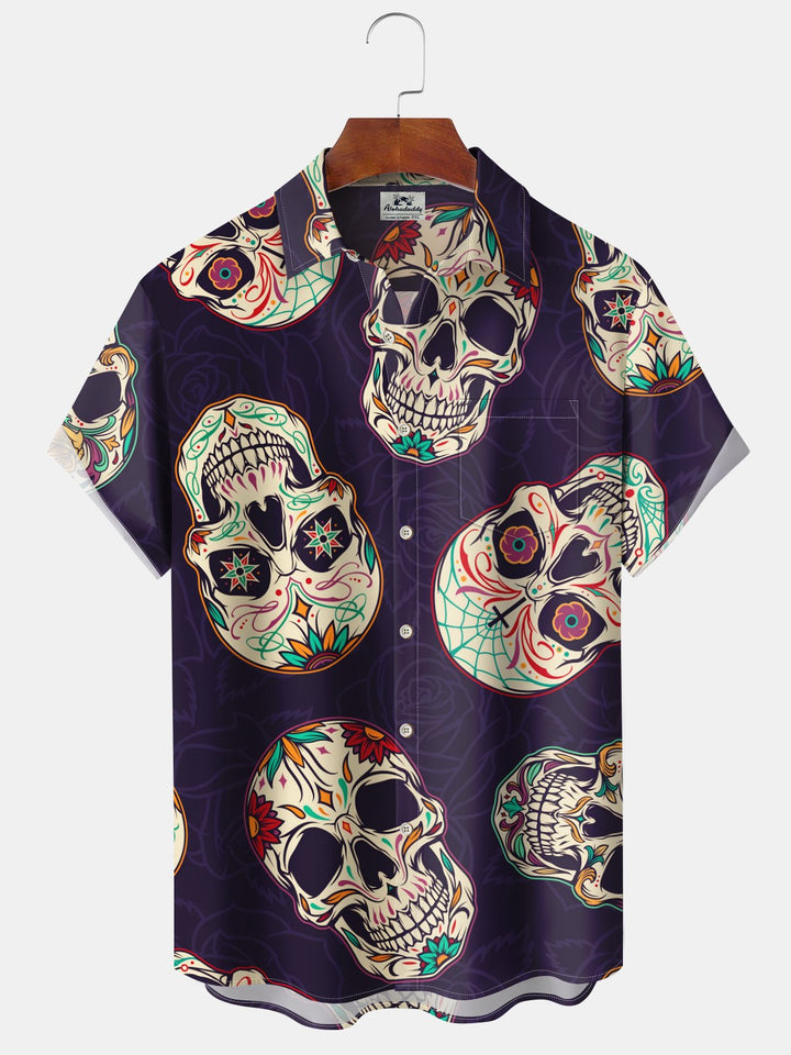 Alohadaddy Casual Holiday Collection Day of the Dead Skull Print Art Button Cardigan Pocket Stretch Oversized Long Short Sleeve Shirt