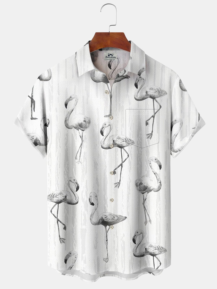 Alohadaddy Hawaiian Flamingo Print Art Button Cardigan Pockets Breathable Soft Long Large Size Short Sleeve Shirt