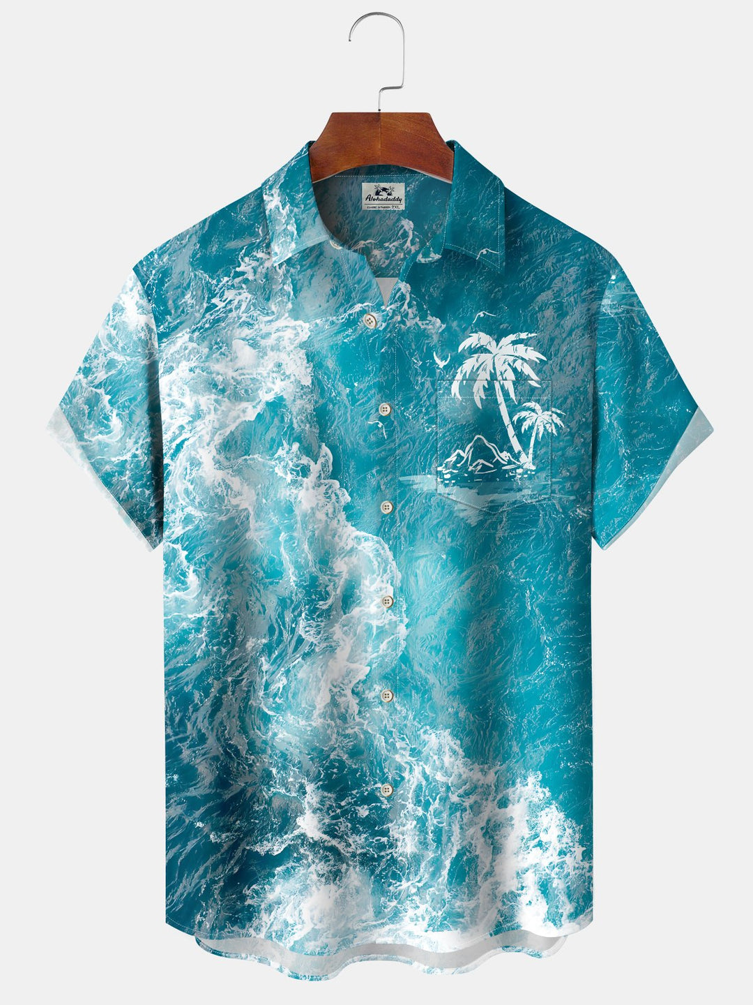 Alohadaddy Leisure Collection Vacation Waves Palm Trees Print Art Button Cardigan Pocket Polyester Stretch Short Sleeve Shirt