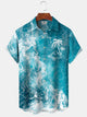 Alohadaddy Leisure Collection Vacation Waves Palm Trees Print Art Button Cardigan Pocket Polyester Stretch Short Sleeve Shirt