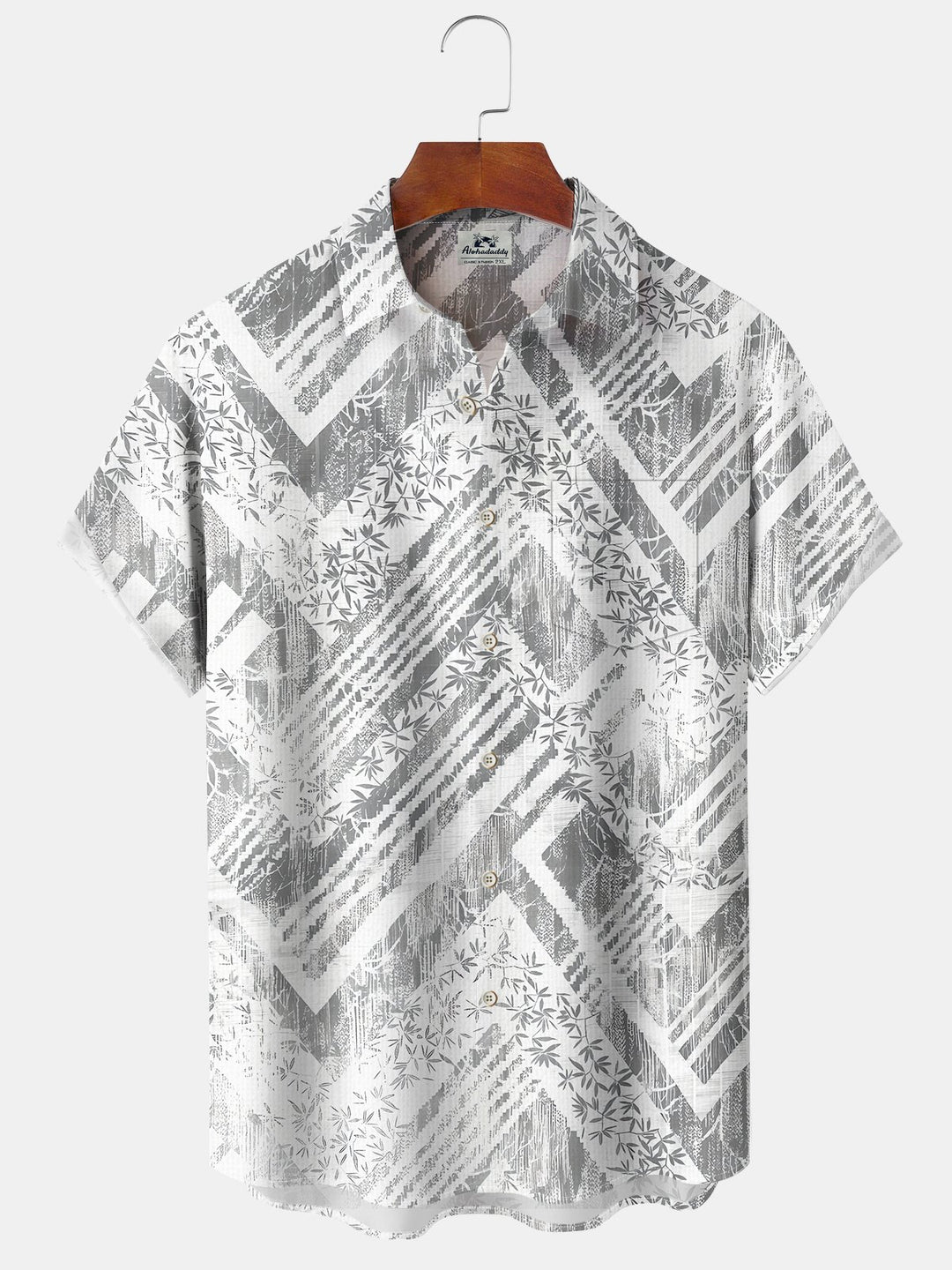 Alohadaddy Casual Everyday Hawaiian Geometric Bamboo Leaf Print Art Polyester Stretch Button Cardigan Pockets Large Size Long Short Sleeve Shirt