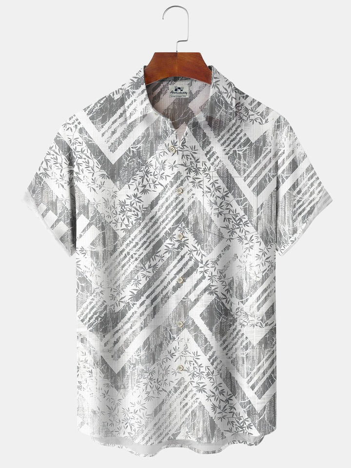 Alohadaddy Casual Everyday Hawaiian Geometric Bamboo Leaf Print Art Polyester Stretch Button Cardigan Pockets Large Size Long Short Sleeve Shirt