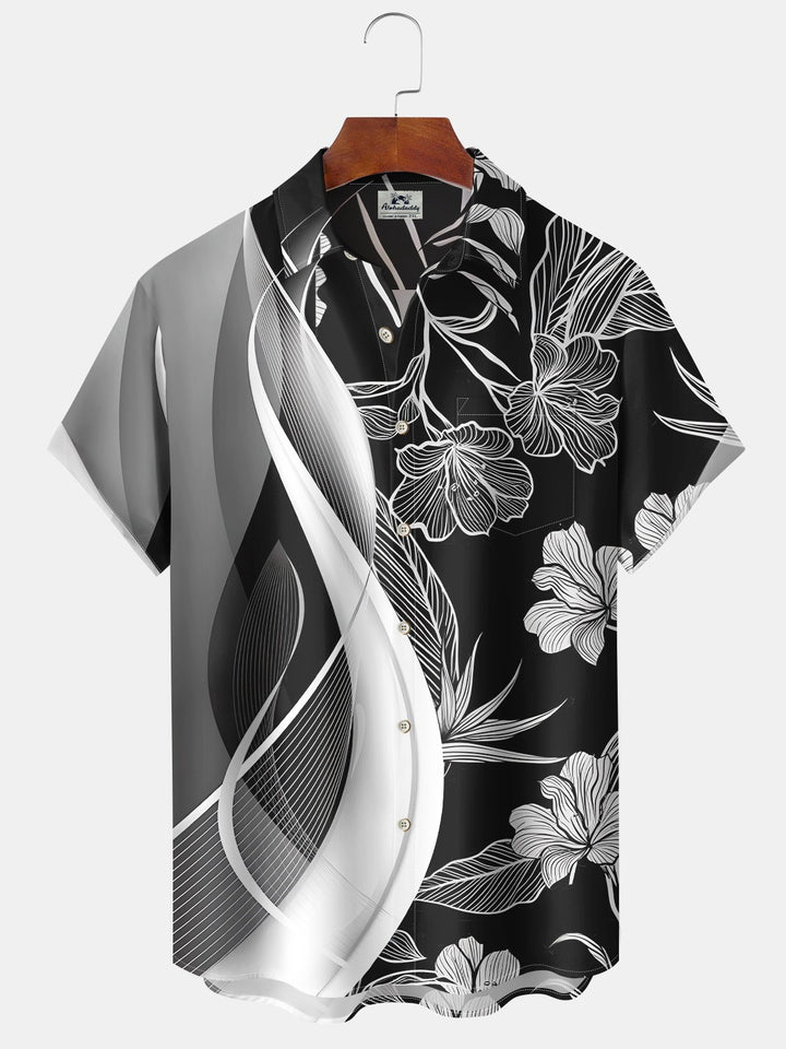 Alohadaddy Hawaiian Moisture Wicking Stripes Crane Orchid Art Print Chest Pocket Stretch Short Sleeve Shirt