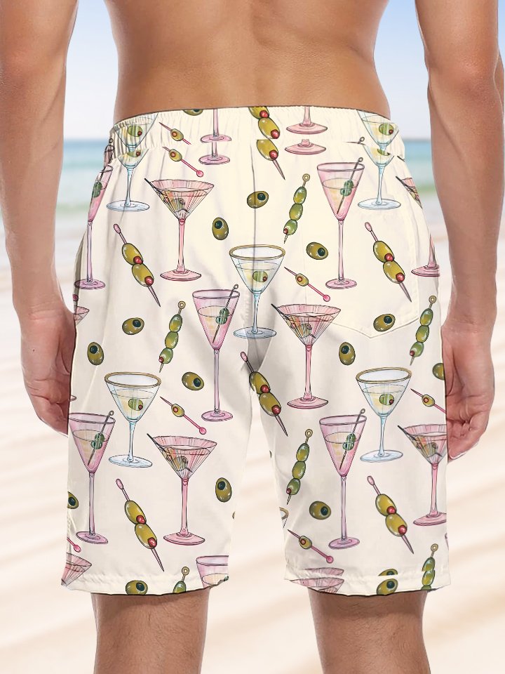 Alohadaddy® Casual Wine Glasses Fruit Print Art Elastic Oversized Drawstring Hawaiian Shorts Beach Shorts