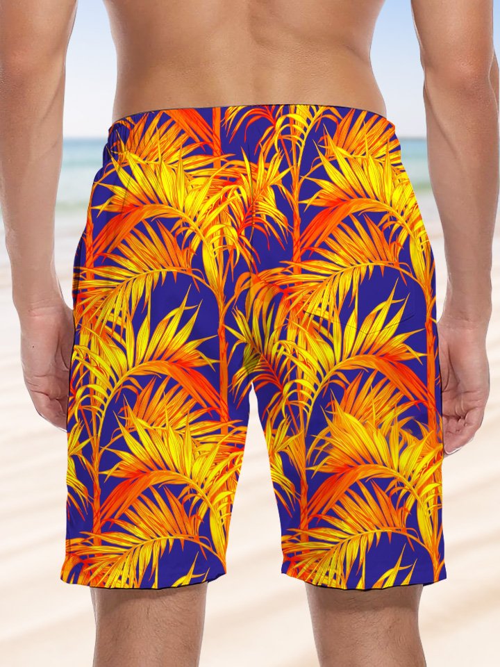 Alohadaddy® Palm Tree Art Print Moisture Wicking Large Size Drawstring Hawaiian Shorts Board Shorts