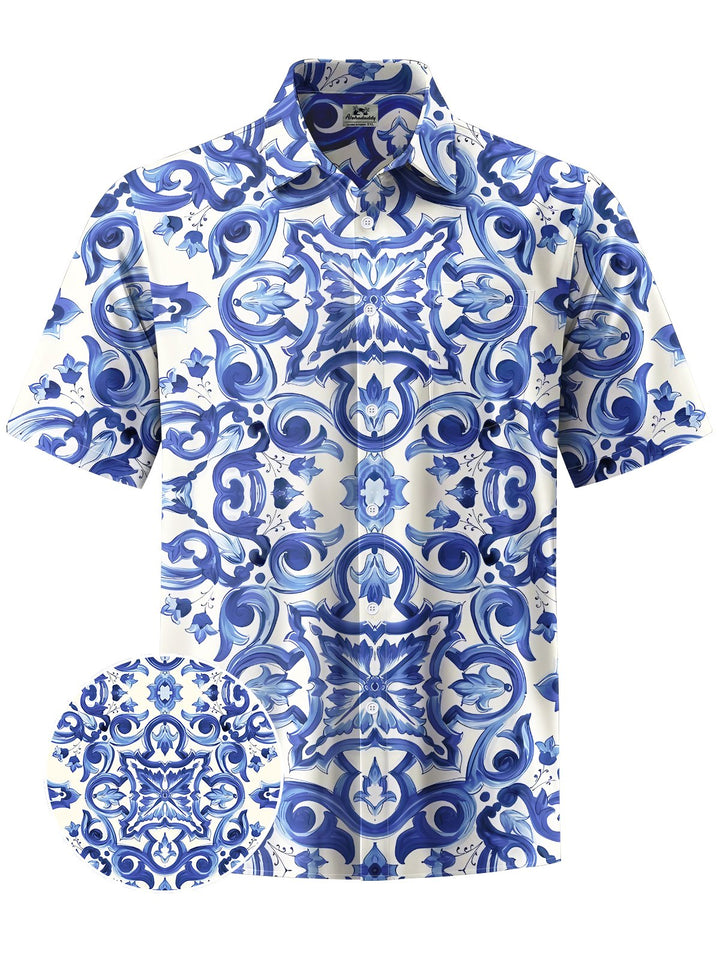 Alohadaddy® Hawaiian Ethnic Pattern Flowers Print Art Chest Pocket Men&