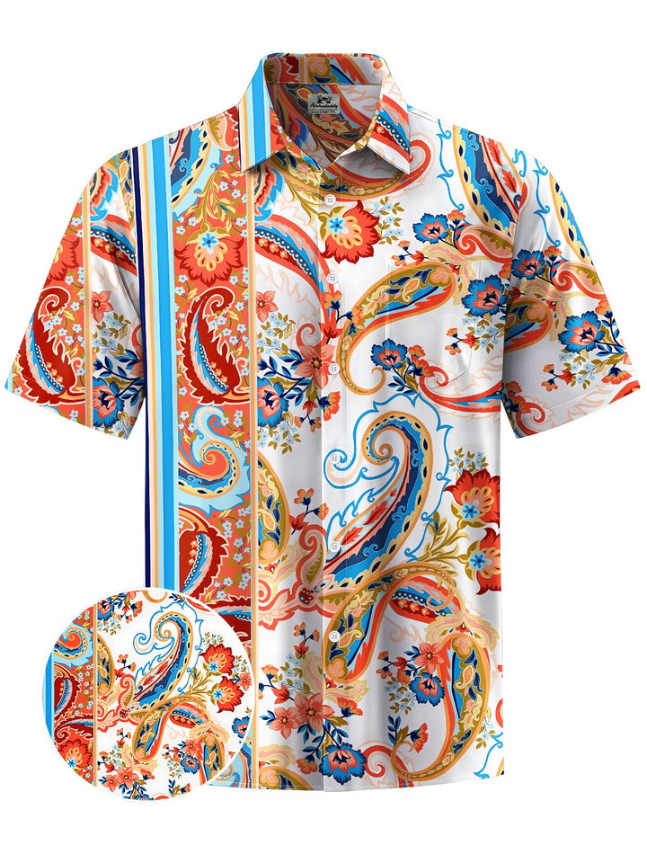 Alohadaddy® Casual Ethnic Pattern Cashew Flower Print Art Chest Pocket Men&