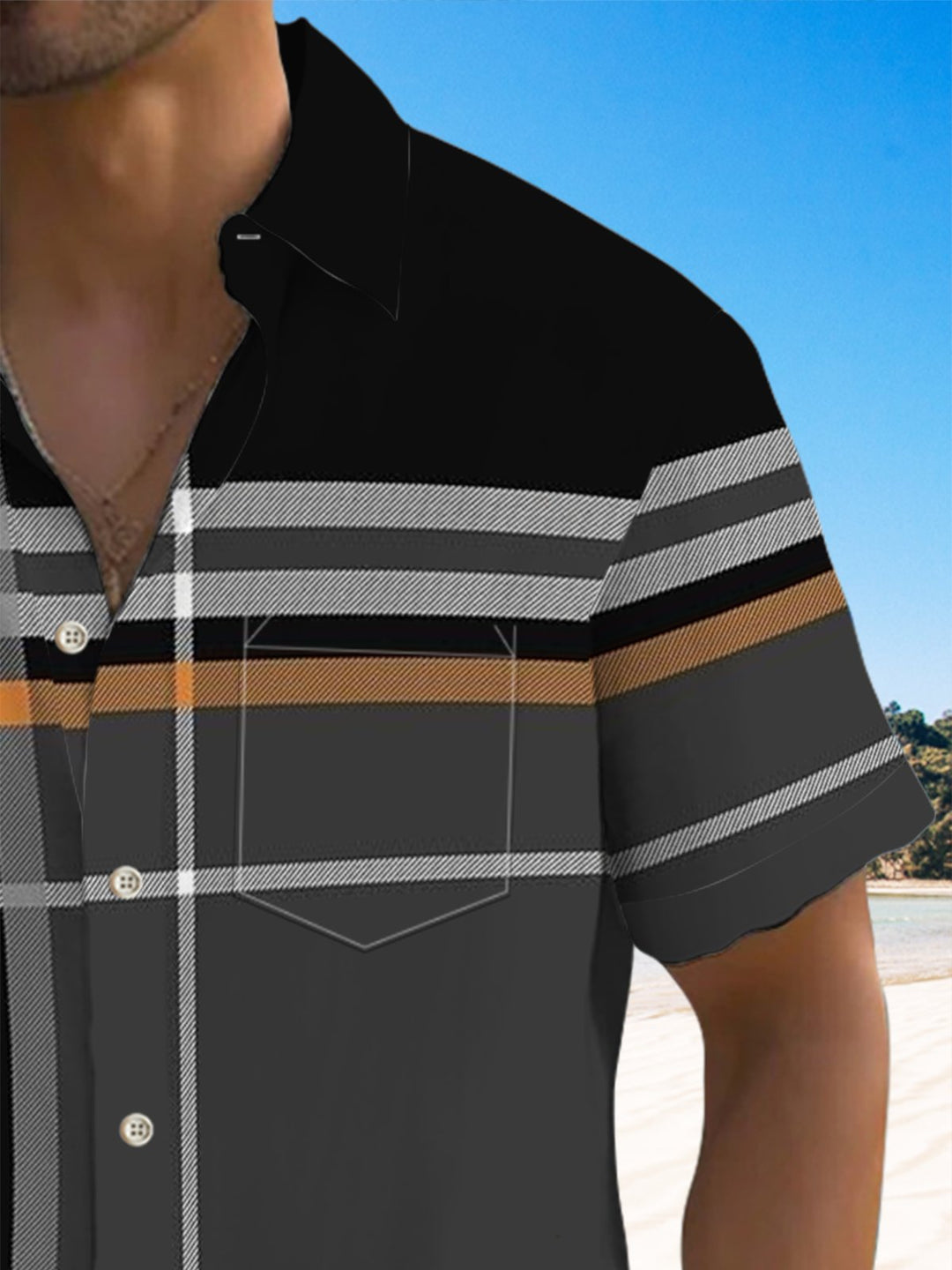 Alohadaddy® Casual Striped Colorblock Printed Artwork Chest Pocket Men&