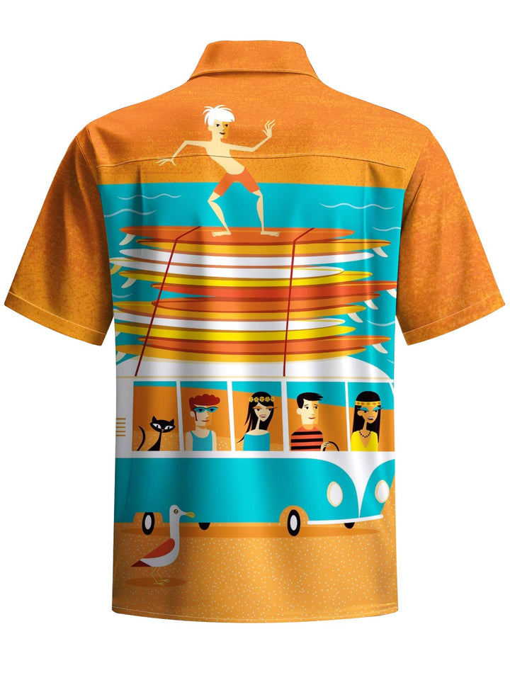 Alohadaddy® Hawaiian Vacation Surf Art Print Elastic Pocket Button Men&