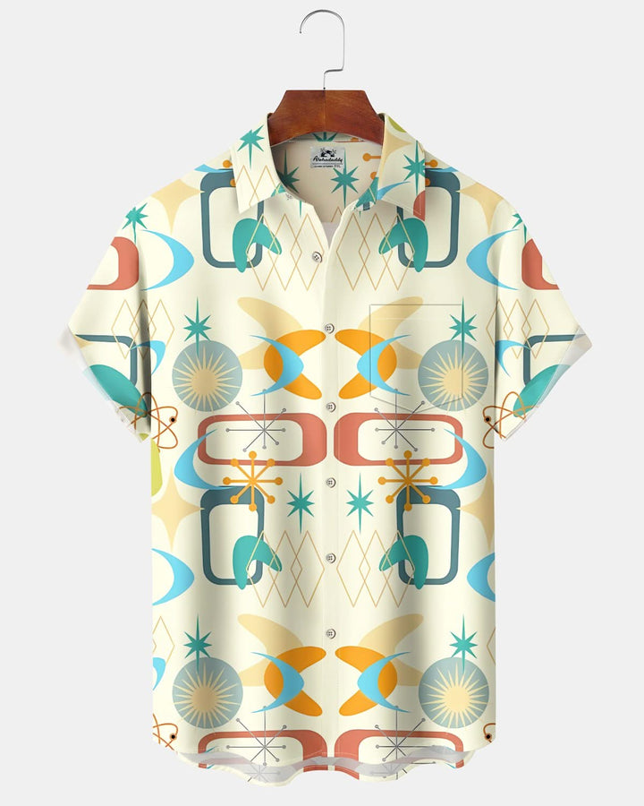 Alohadaddy® Retro Geometric Atom Print Pocket Button Men&