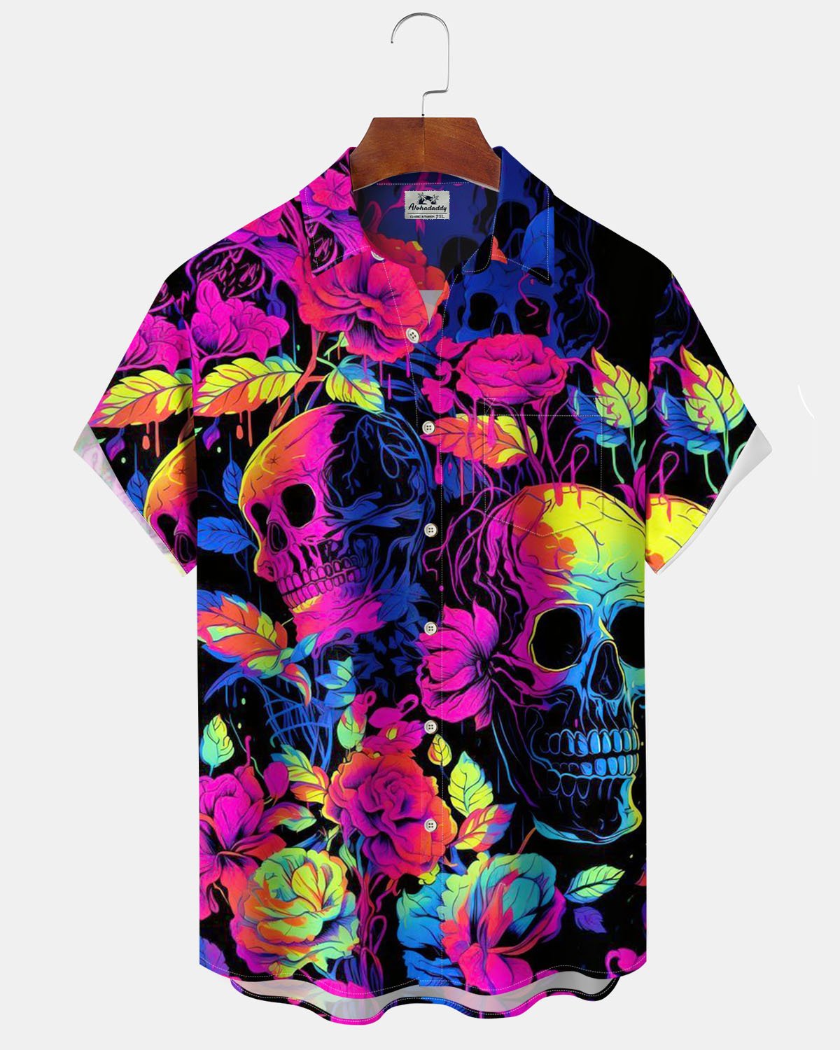 Alohadaddy® Casual Floral Skull Print Artistic Stretch Patchwork Pocket Button Men's Short-Sleeve Shirt Big & Tall