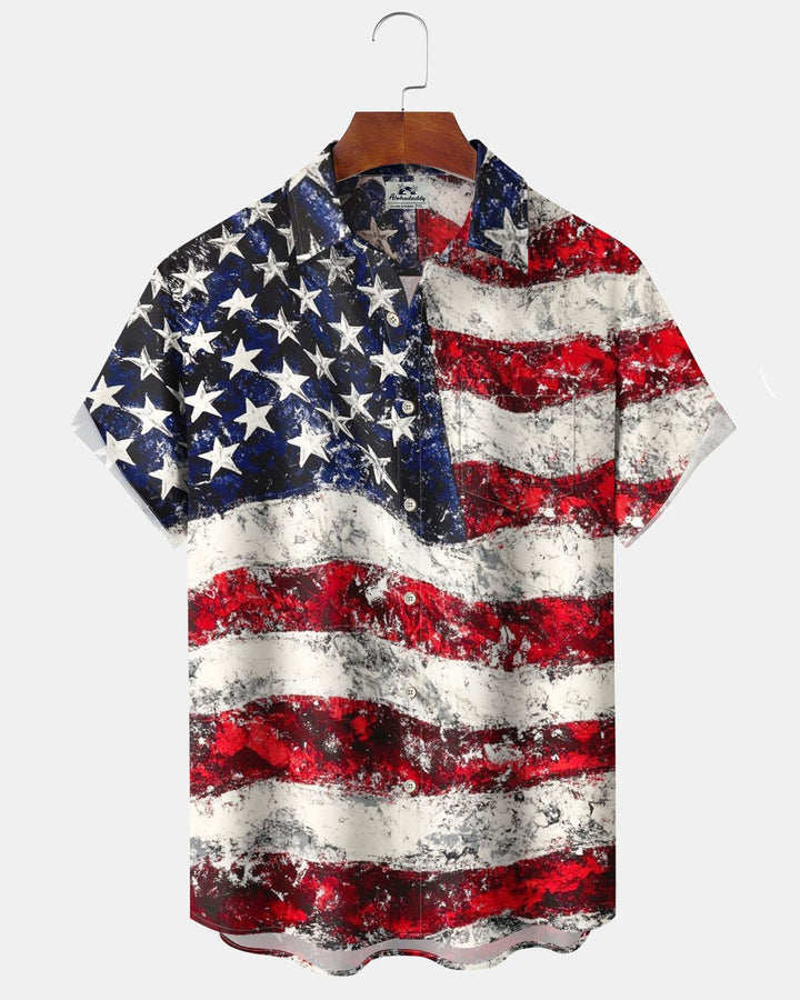 Alohadaddy® Vintage Oil Painting American Flag Print Art Button Pocket Men&