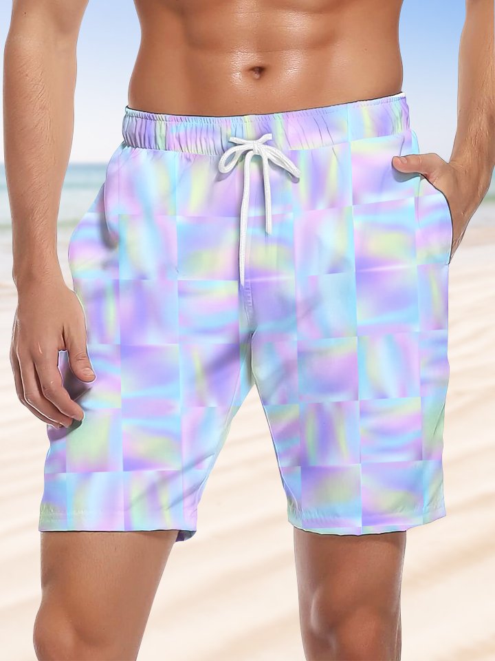 Alohadaddy Hawaiian Geometric Squares Print Art Elastic Waist Drawstring Pockets Stretch Large Size Men&