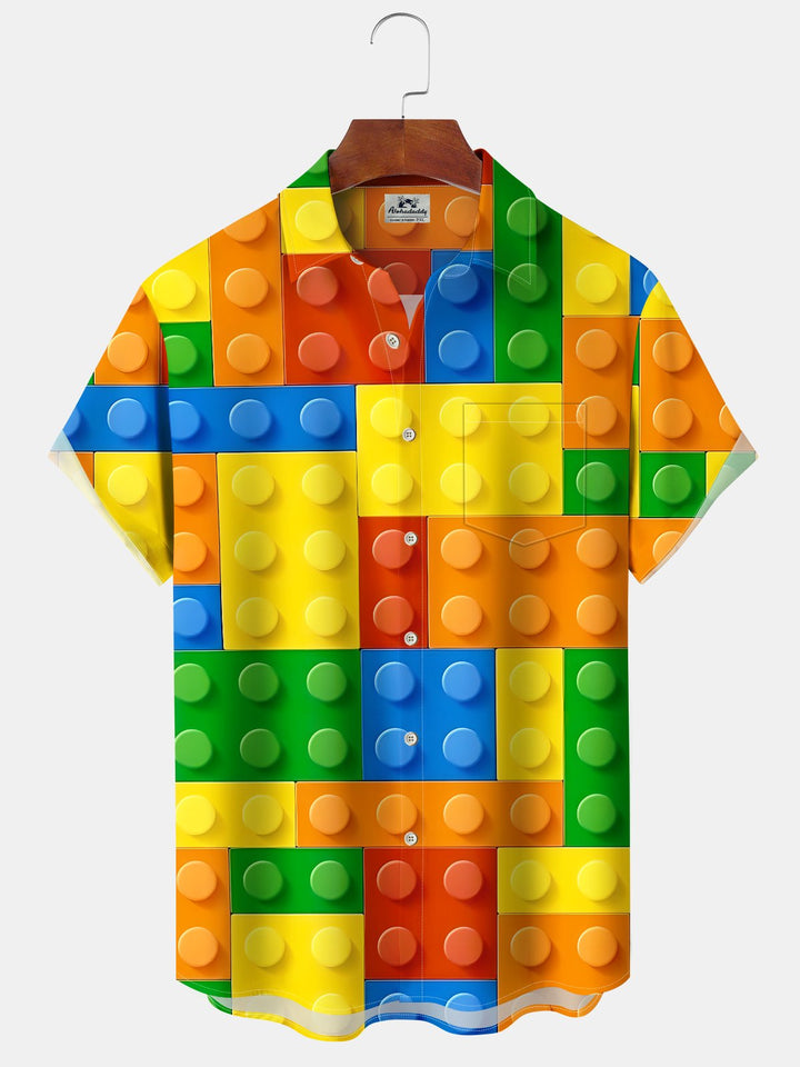 Alohadaddy Casual Lego Geometric Drawing Art Button Cardigan Pocket Stretch Large Size Long Short Sleeve Shirt