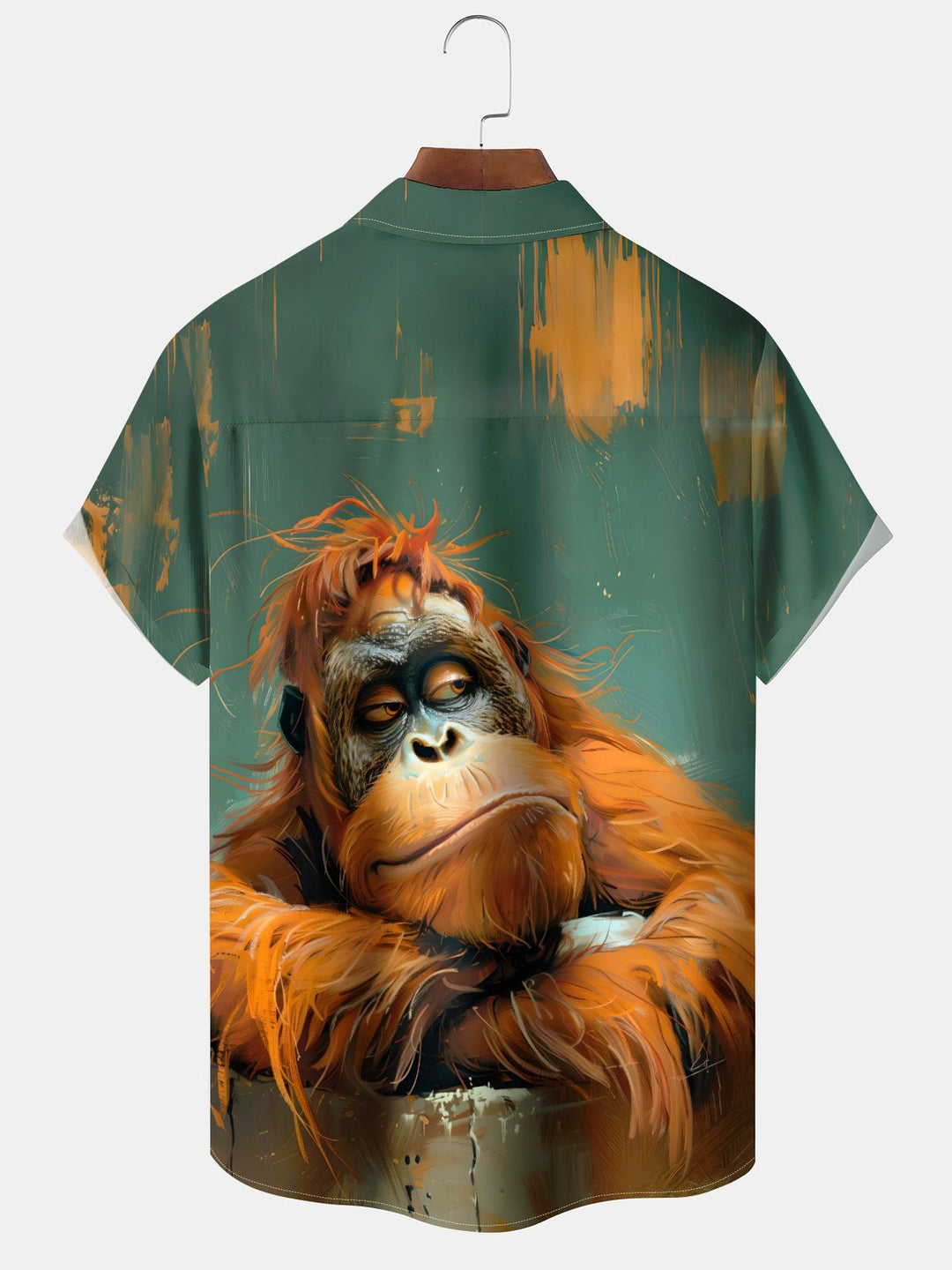 Alohadaddy Casual Retro Oil Painting Orangutan Ink Splash Print Art Button Cardigan Pocket Elasticity Long Large Size Short Sleeve Shirt