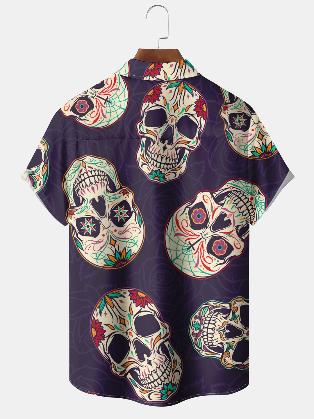 Alohadaddy Casual Holiday Collection Day of the Dead Skull Print Art Button Cardigan Pocket Stretch Oversized Long Short Sleeve Shirt