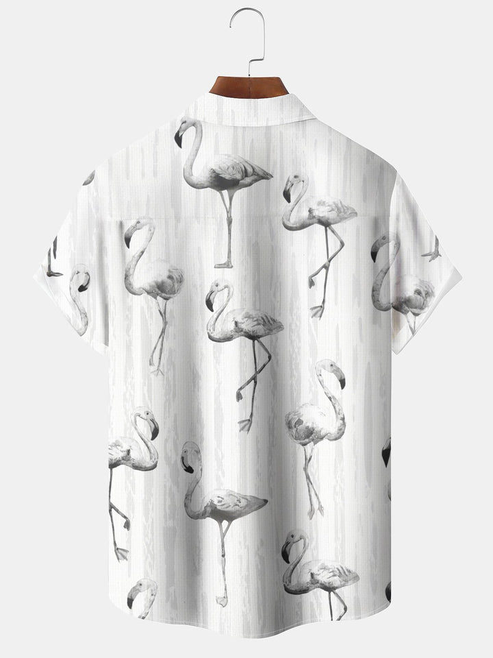 Alohadaddy Hawaiian Flamingo Print Art Button Cardigan Pockets Breathable Soft Long Large Size Short Sleeve Shirt