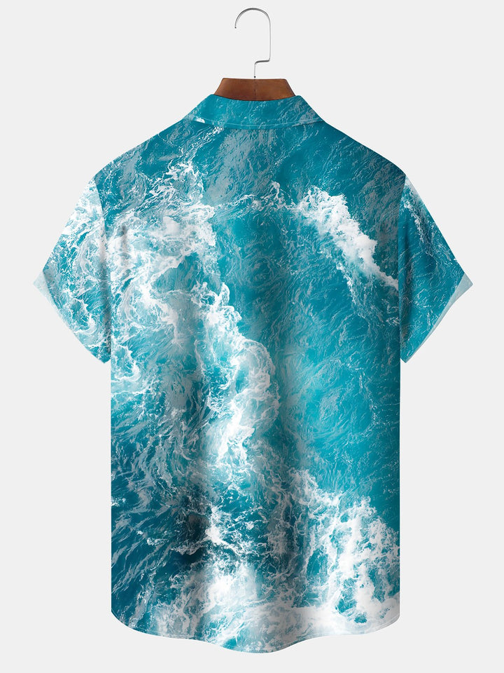 Alohadaddy Leisure Collection Vacation Waves Palm Trees Print Art Button Cardigan Pocket Polyester Stretch Short Sleeve Shirt