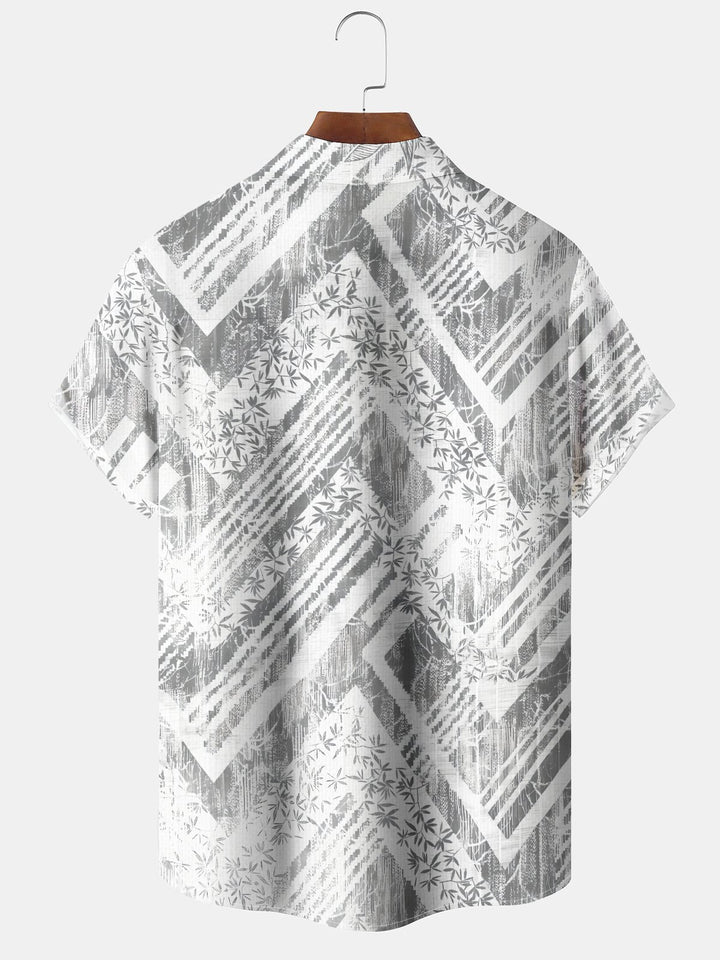 Alohadaddy Casual Everyday Hawaiian Geometric Bamboo Leaf Print Art Polyester Stretch Button Cardigan Pockets Large Size Long Short Sleeve Shirt