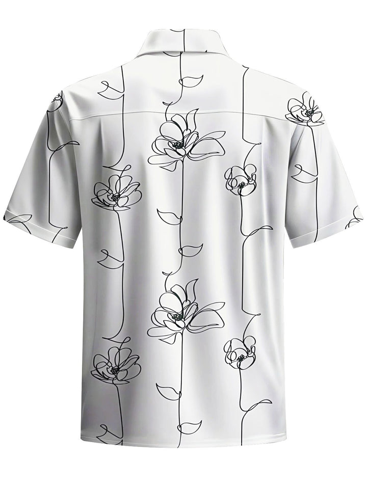 Alohadaddy® Casual Flowers Stick Figure Art Print Chest Pocket Men Short Sleeve Shirt Big &amp; Tall