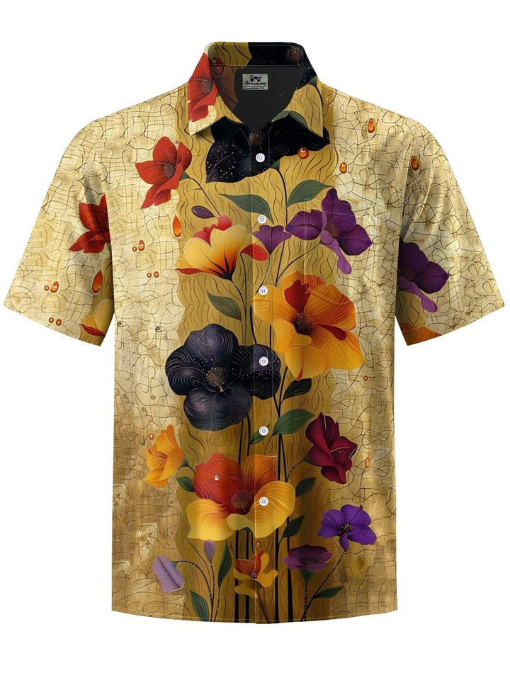 Alohadaddy® Vintage Floral Art Print Chest Pocket Stretch Men&