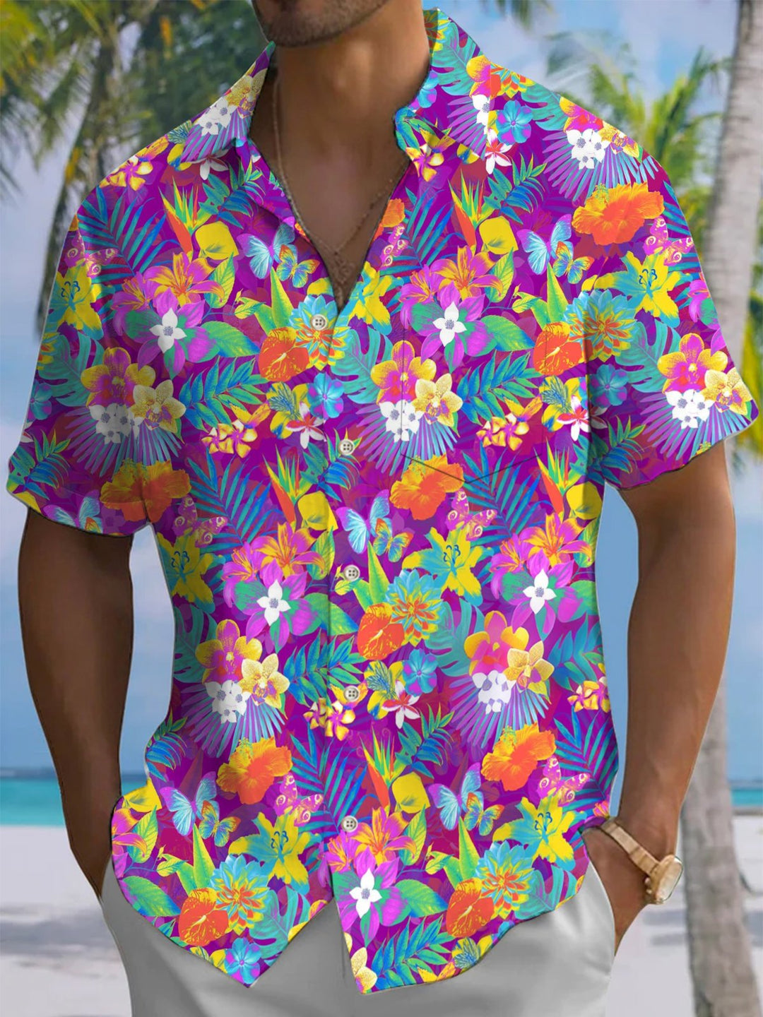 Alohadaddy® Hawaiian Floral Art Print Pocket Stretch Men&
