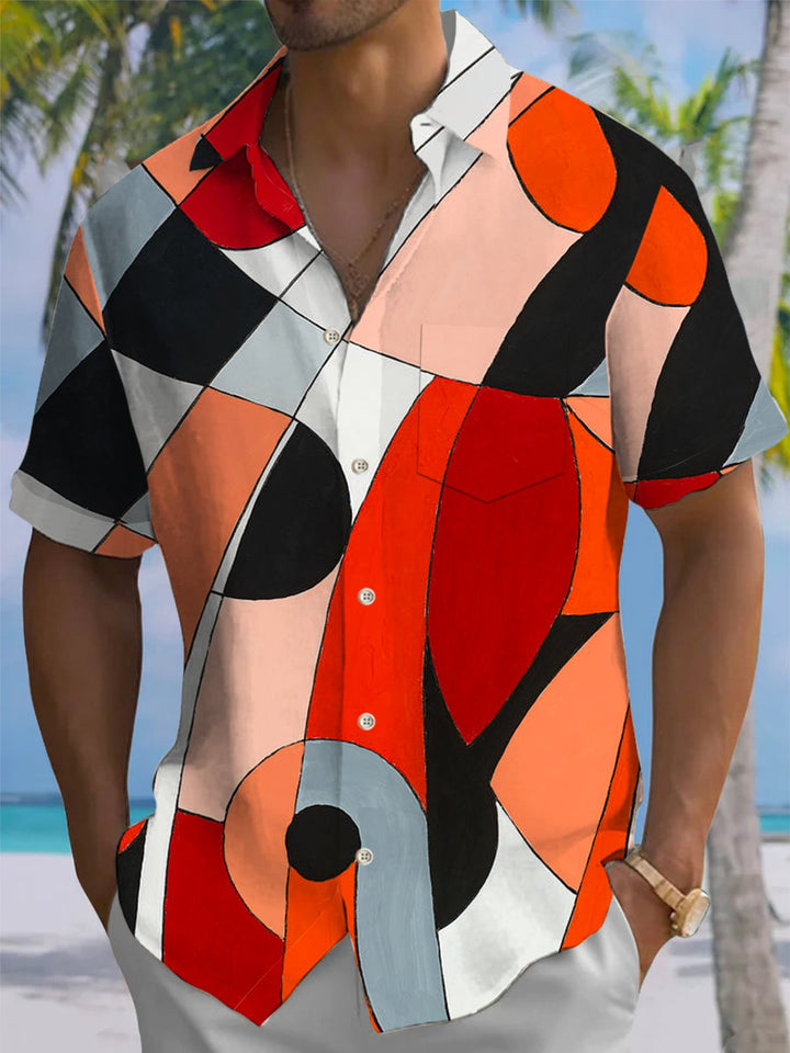 Alohadaddy® Retro Geometric Print Pocket Button Stretch Men&