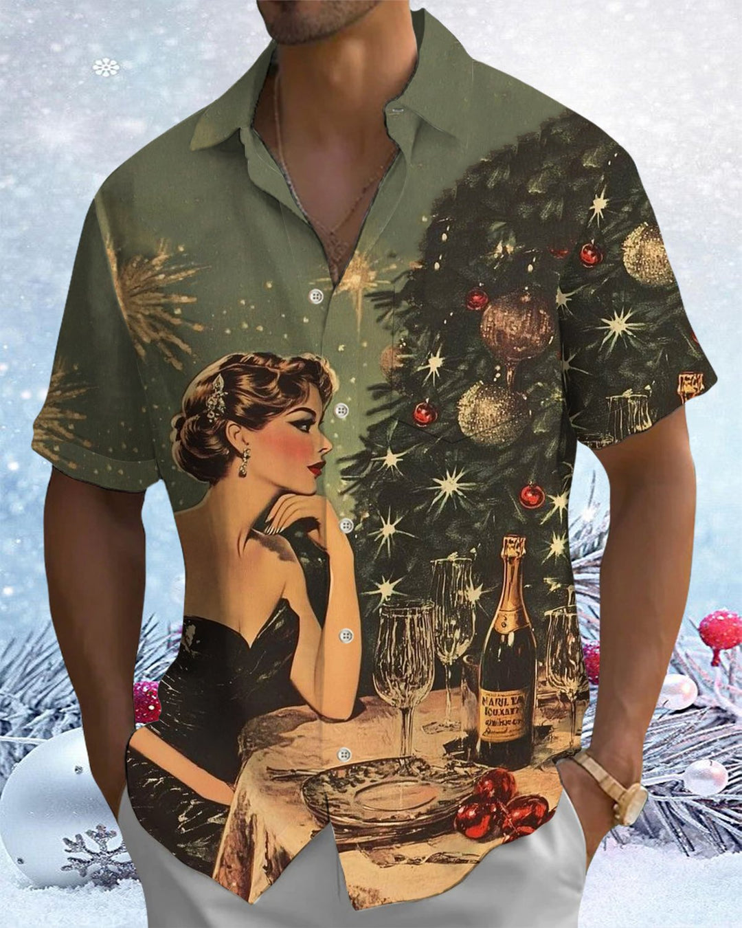 Alohadaddy® Christmas Vintage Christmas Girl Print Pocket Elastic Button Men&
