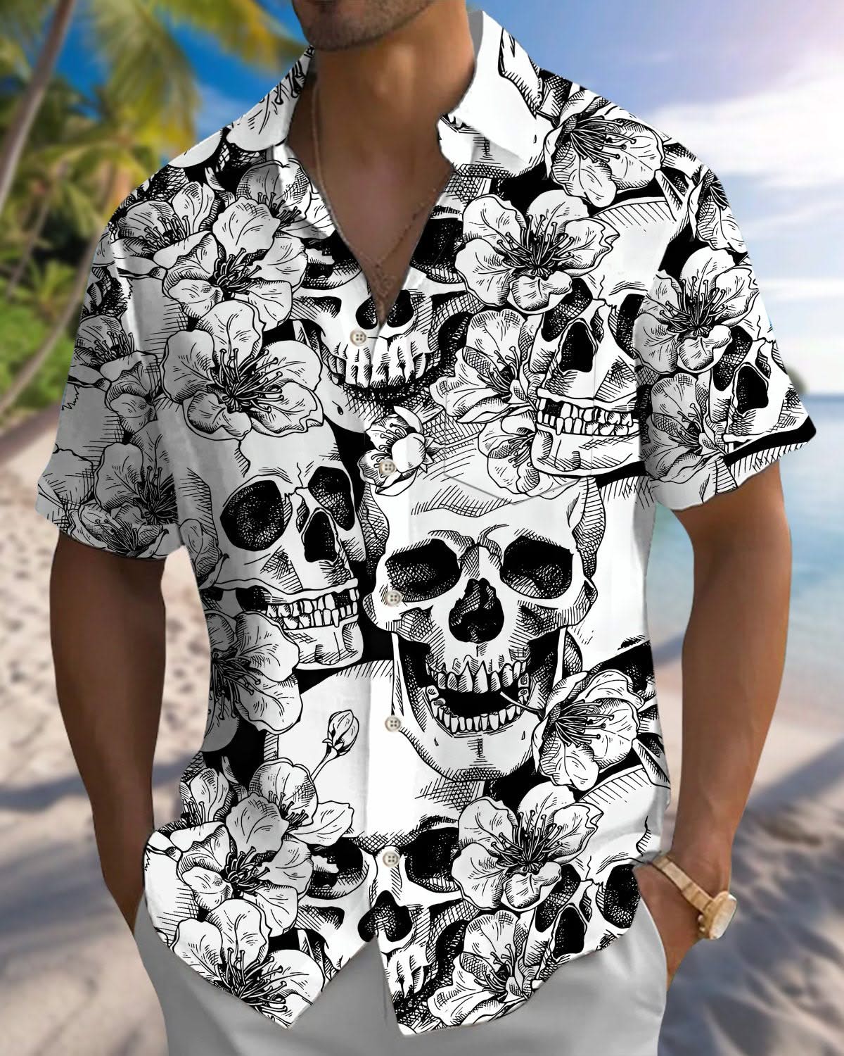 Alohadaddy® Casual Skull Floral Print Pocket Stretch Men's Short Sleeve Shirt Big & Tall