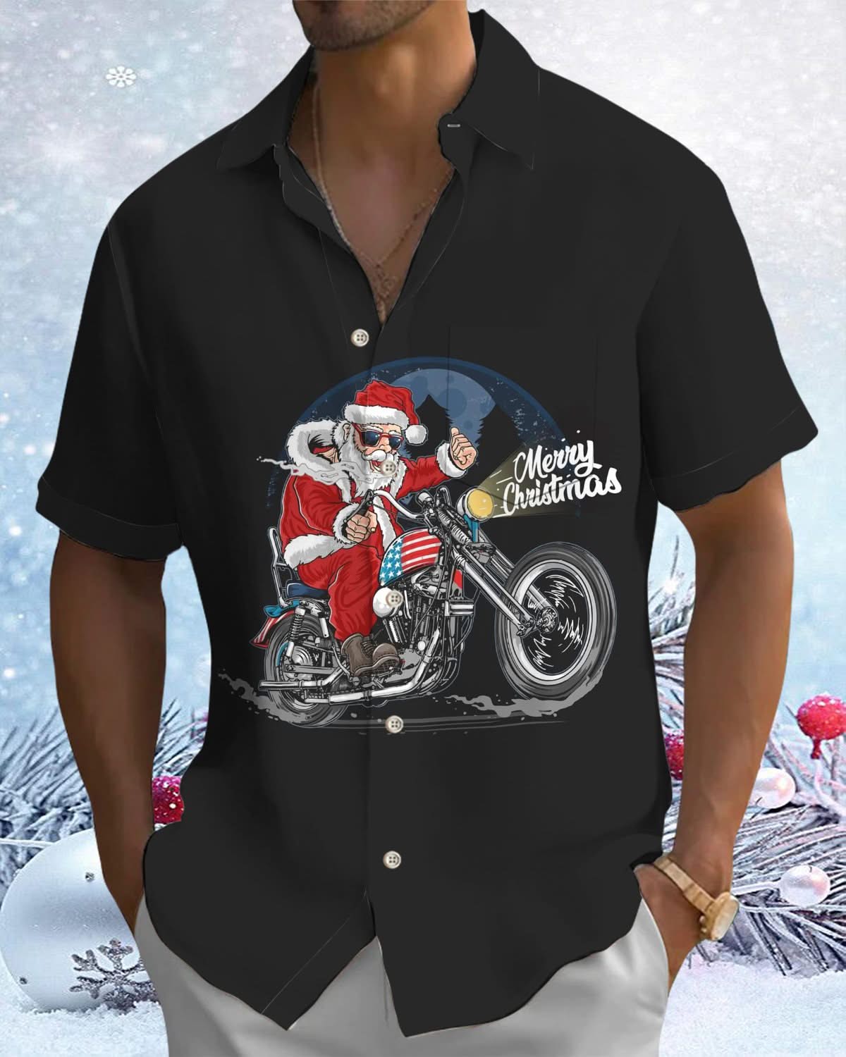 Alohadaddy® Santa Claus Motorcycle Print Pocket Elastic Button Men's Short Sleeve Shirt Big & Tall