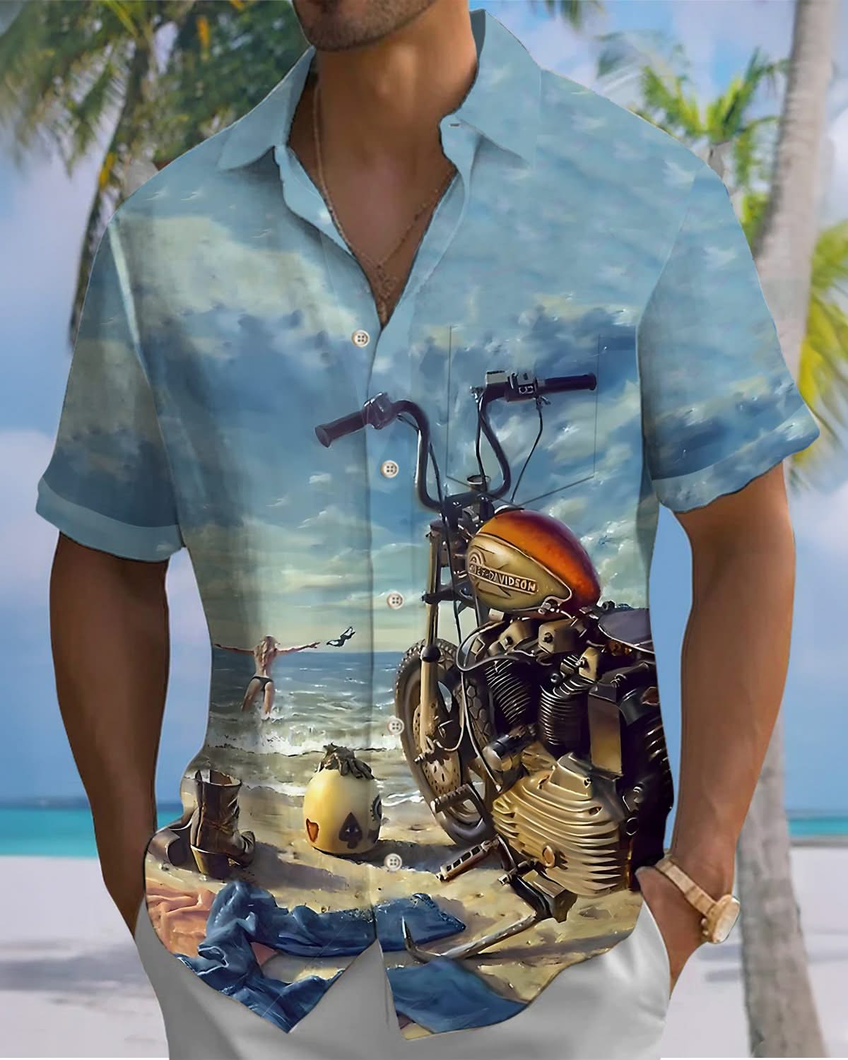 Alohadaddy® Vintage Motorbike Girl Motorcycle Print Art Pocket Button Men's Short Sleeve Shirt Big & Tall