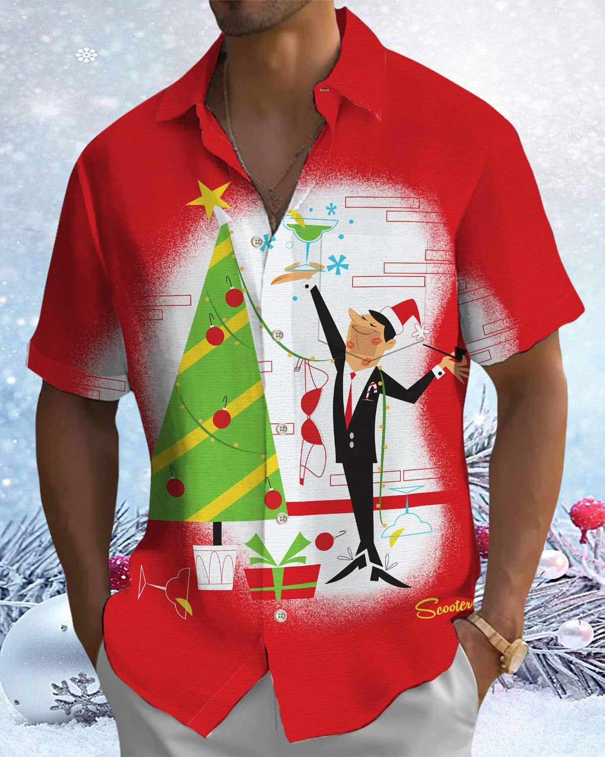 Alohadaddy® Geometric Atom Christmas Tree Vacation Print Art Pocket Button Elastic Men's Short Sleeve Shirt Big & Tall