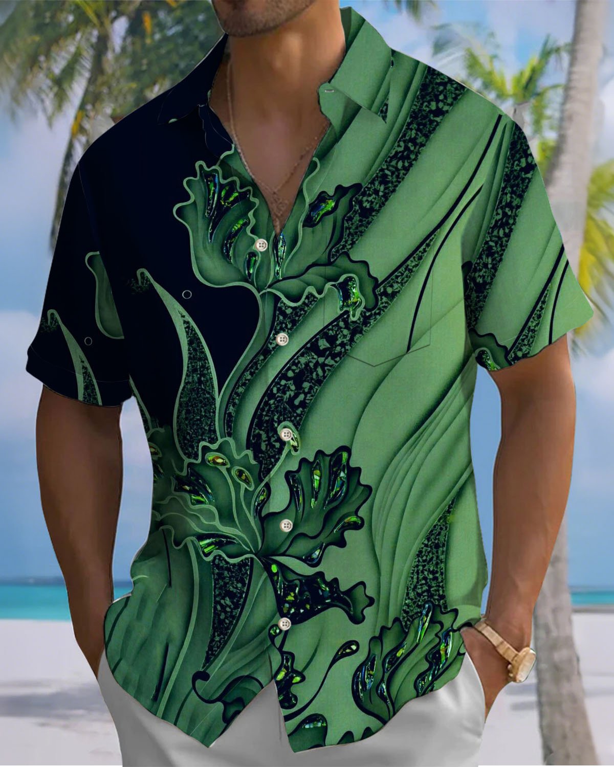 Alohadaddy® Casual Gradient Abstract Print Art Cardigan with Pockets and Buttons for Men - Short Sleeve ShirtBig & Tall