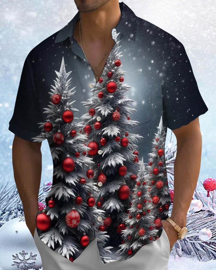 Alohadaddy® Holiday/Christmas Print Button-Down Short-Sleeve Men’s Cardigan Shirt with Pocket
